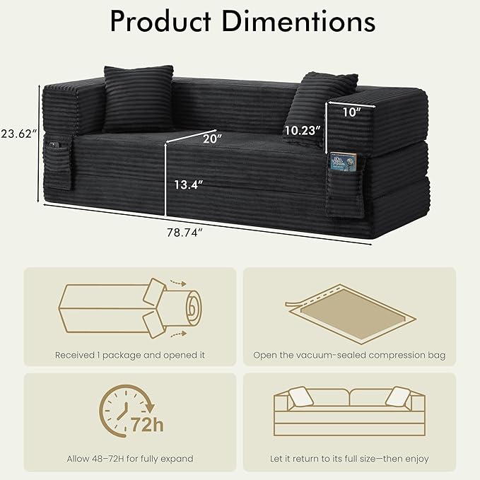 78.8 Convertible Sofa BedFuton Boneless CouchFolding Pull Out Futon Sofa (Deep Gray) | Convert to bed Storage Pocket No Assembly Corduroy Fabric Family size Ease of assembly