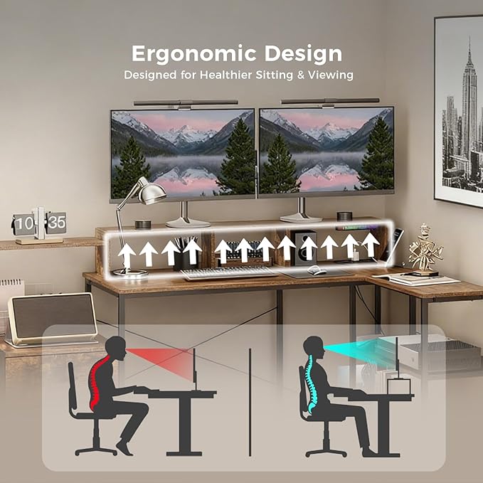 GTPLAYER 73 L Shaped Gaming Desk Reversible Computer Desk with Power Outlets &amp LED Lights Home Office Corner Desk with Storage Shelves Monitor Stand and Tower Space Rustic Brown