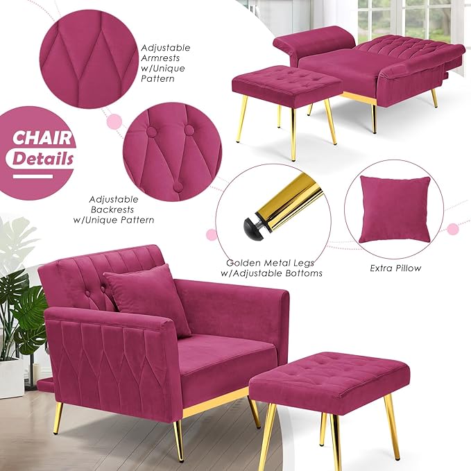 Velvet Accent Chair with Adjustable Backrest and Armrests Single Recliner Armchair with Ottoman and Golden Mental Legs for Living Room Bedroom and Waiting Room Fuchsia