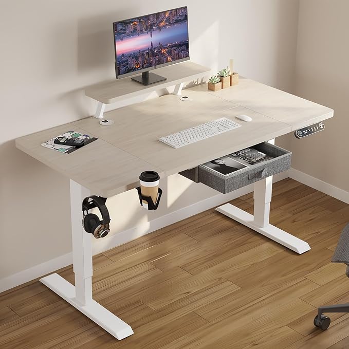 Electric Standing Desk with Drawer 55x30 Inches Height Adjustable Sit Stand Up Desk with Storage Shelf Home Office Desk Computer Workstation with White Pearwood Top/White Frame