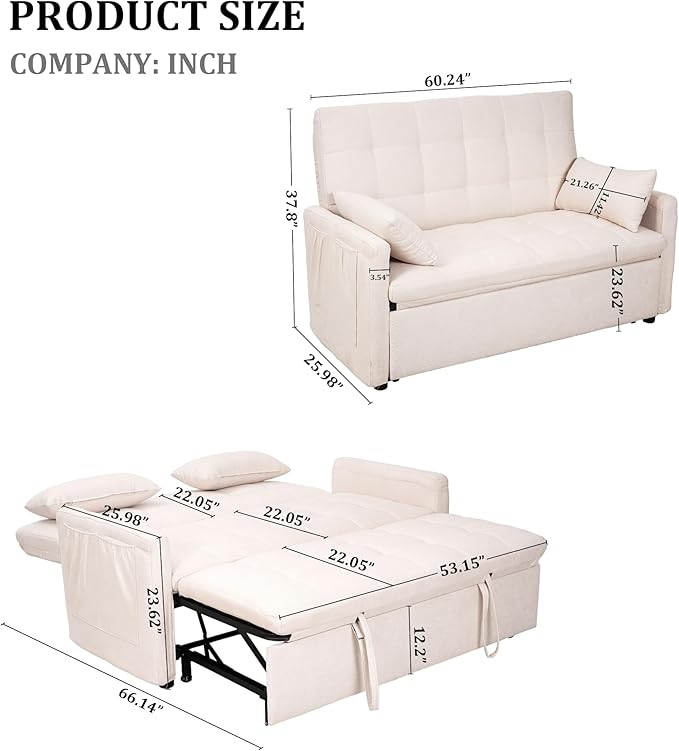 Oversized 3-in-1 Convertible Sleeper Sofa Bed Futon Couch with Pullout Bed 2-Seater Loveseat Sofa w/Pockets Adjustable Backrest and Pillows for Living Room Apartment (White-Button Tufted)