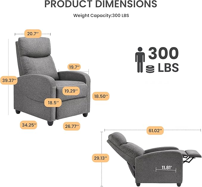 HealSmart Adjustable Push Back Recliner Chair Soft Fabric Lounge Sofa for Reading &amp Relaxing Perfect Home Theater Chair for Living Room &amp Bedroom Grey