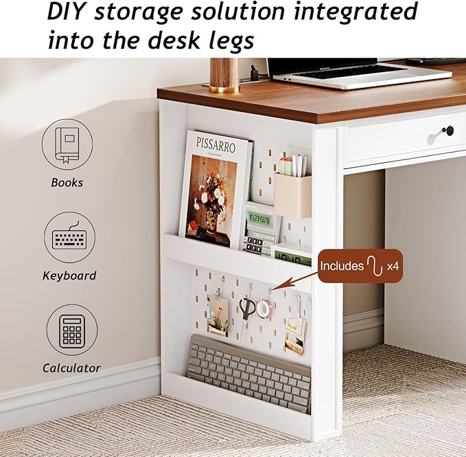 47 Home Office Desks Executive Desk Farmhouse Computer Desk with Drawers and Charging Station File Drawer Storage Cabinet Rustic Computer Writing DeskAntique White