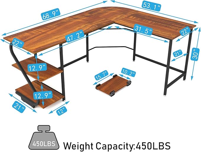 Weehom Reversible L-Shaped Desk with Shelves Large Corner Gaming Computer Desks for Home Office Writing Workstation Wooden Table