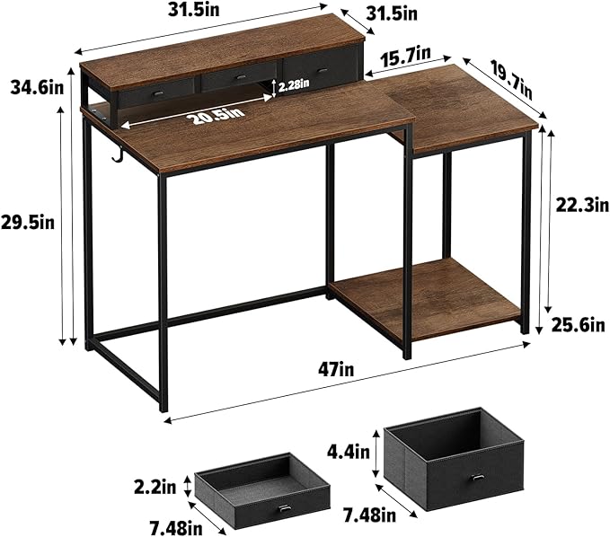 SINPAID 47 inch Computer Desk with Printer Shelf Gaming Desk with Monitor Stand and Drawers Reversible Home Office Desk with Storage Shelves and 2 Hooks Home Workstation for Study Writing Walnut