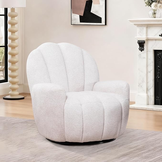 Mid Century Modern 360° Barrel Swivel Accent Sofa Chair Fluffy Cozy Linen Fabric Upholstery Lounge Upholstered Armchair Reading Chair Sturdy Base for Living Room Bedroom Office (Beige)
