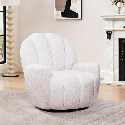 Mid Century Modern 360° Barrel Swivel Accent Sofa Chair Fluffy Cozy Linen Fabric Upholstery Lounge Upholstered Armchair Reading Chair Sturdy Base for Living Room Bedroom Office (Beige)