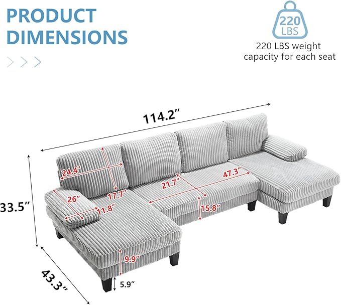 114 Cloud Couch Modular Sectional Sofa Convertible U-Shaped Couch with Double Chaise Lounge Corduroy Upholstery Sofa Double Cushions Deep Seat Sleeper Sofas Couches for Living Room Light Grey