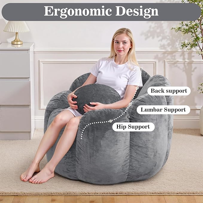 HOMMPA Bean Bag Chair for Adults Comfy Velvet Bean Bag Couch with Back Support Flower Shaped Oversized Sofa for Living RoomBedroomDormGrey