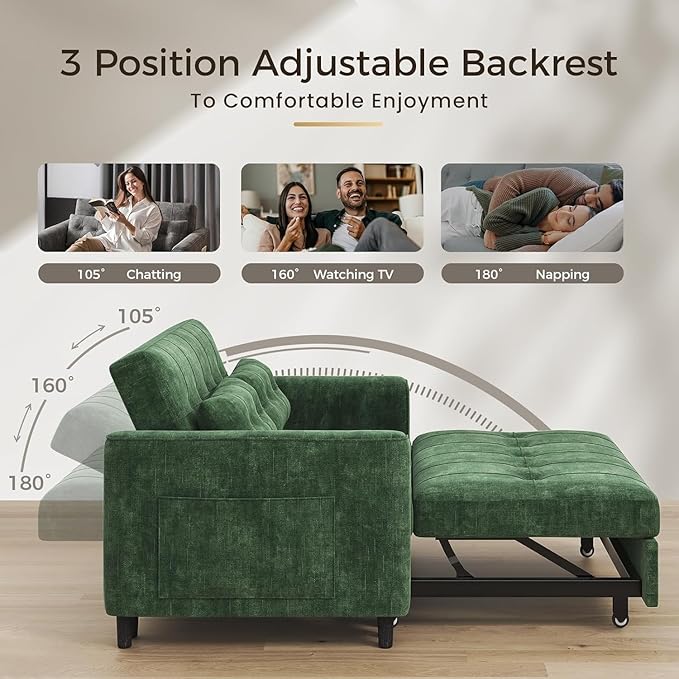 KKL 3 in 1 Convertible Sleeper Sofa Bed Pull Out Couch Bed with Adjustable Backrest Chenille Loveseat Pullout Couches with Side Pocket for Living Room Bedroom (Green)