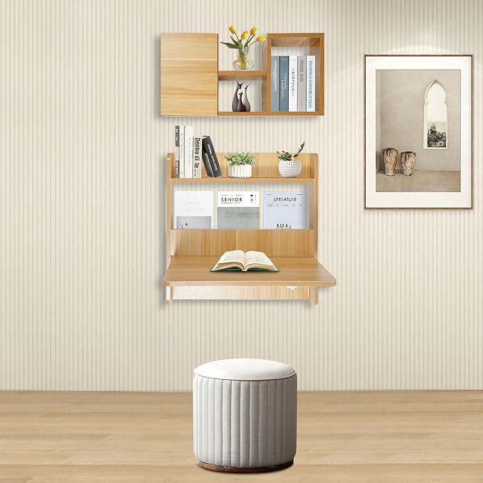 LOYALHEARTDY Wall-Mounted Computer Desk Floating Office Desk with Foldable Tabletop Fold-Up Desktop Writing Desks with Shelves &amp Storage for Home Office and Study Small Spaces (Light Walnut)