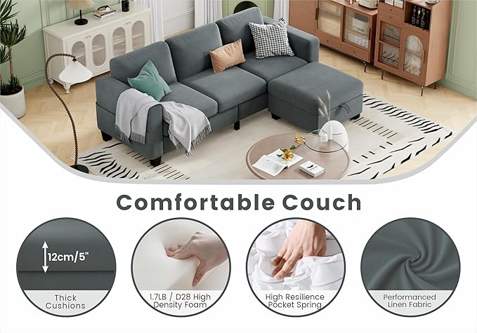 Sectional Couches for Living Room - Convertible L Shaped Couch with Storage Ottoman 3 Seater Modern Velvet Grey Sofa for Small Space Studio Basement Loft