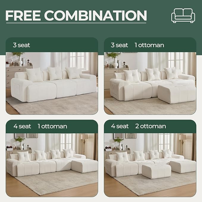129.23”Modular Sectional Couch for Living Room Modren L-Shape Cloud Sectional 4-Seater Sofa with 2 Movable Ottomans Woven Texture Upholstery Boneless Couch No Assembly Beige