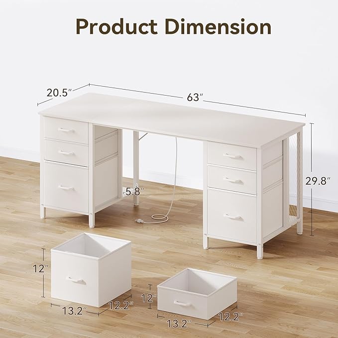 ODK 63 inch Computer Desk with File Drawers Cabinet Modern Office Desk with Large Storage for Home Office Study Gaming White