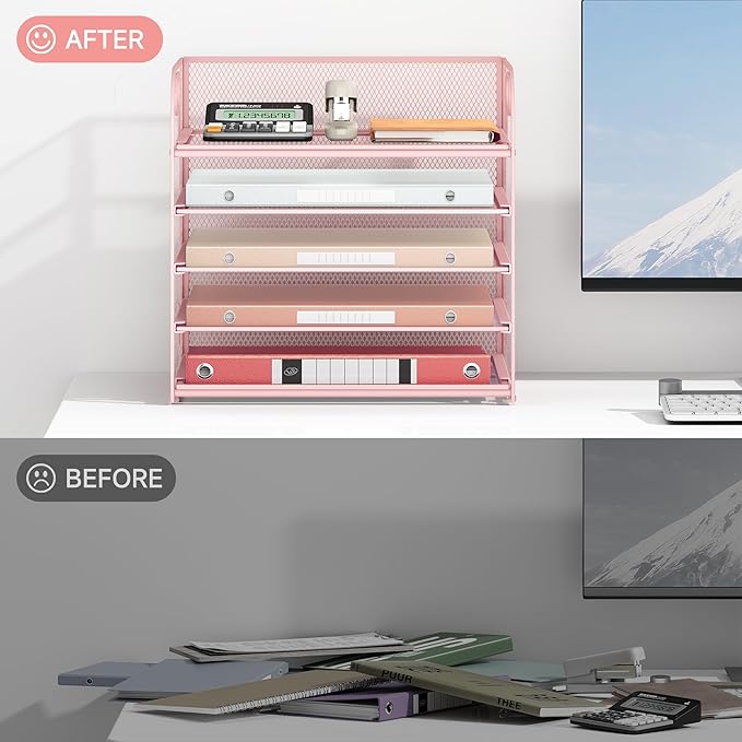 Lavatino Desk Paper Organizer with Handle 2 Pack 5-Tier Pink Mesh Desk File Folder Holder Letter Tray Sorter Organizer for Office Home or School
