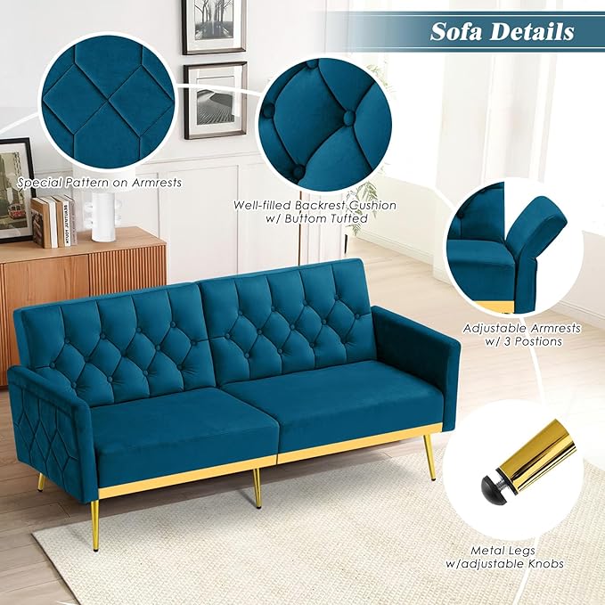 Tufted Velvet Futon Sofa Bed w/Adjustable Armrests &amp Backrests Comfortable Sleeper Couch Modern Convertible Love seat Sofa for Living Room Bedroom Apartment Teal