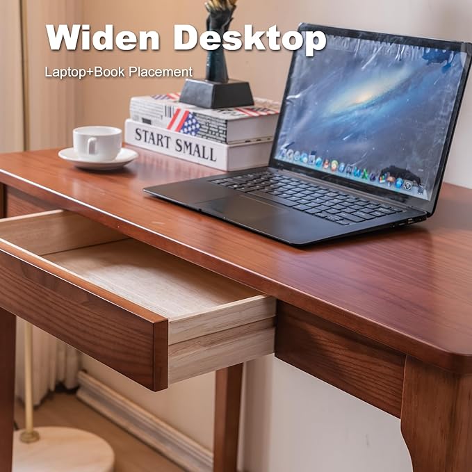 Solid Wood Desk with Drawers Home Office Desk for Small Spaces Gaming Work Study Desk Student PC Desk for Bedroom Easy to Assemble (Cherry Color 39.4 inch)