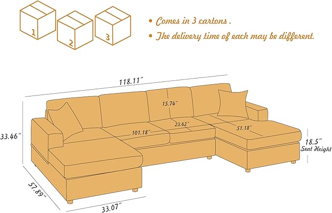 VANOMi 118'' U Shaped Sectional Sofa Couch Corduroy Fabric Modern Cozy Jumbo Size 4-Seater Living Room Couch Double Chaise Longue Olive