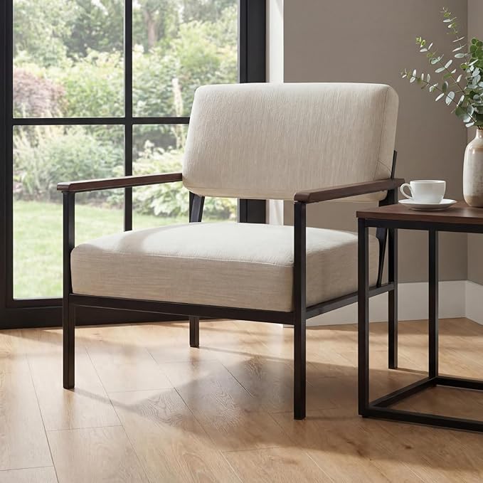 Mid Century Modern Accent Chair Wide Oversized Guest Reception Armchair Linen Fabric Upholstered Comfy Leisure Chair with Black Meta Frame Lounger Chair for Living Room Beige