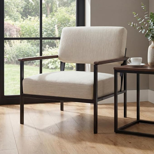 Mid Century Modern Accent Chair Wide Oversized Guest Reception Armchair Linen Fabric Upholstered Comfy Leisure Chair with Black Meta Frame Lounger Chair for Living Room Beige