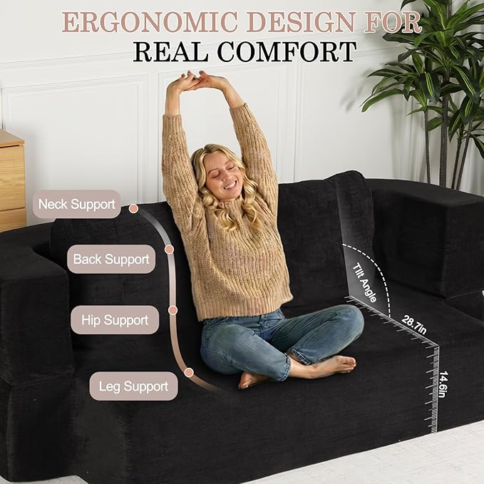 Folding Sofa Bed 78.7 Extra-Long Convertible Sofa Bed with 2 Pillows &amp Blanket 14.6 Thick High-Density Foam Boneless Couch for Bedroom Living Room Apartment Black