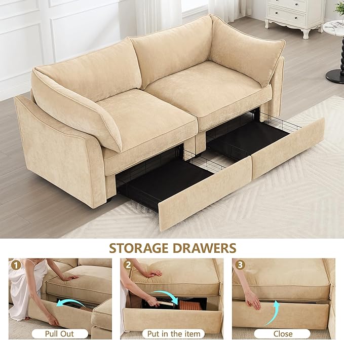 Modern Style Loveseat Sofa with Pull Out Storage Drawers Under Each Seat 2-Seat Couch with Excellent Storage Space Suitable for Small Living Rooms