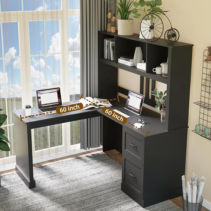 WERSMT L Shaped Computer Desk with Drawers Corner Desk Large Storage Gaming Desk Home Office Desks with Bookshelf Easy to Assemble Black