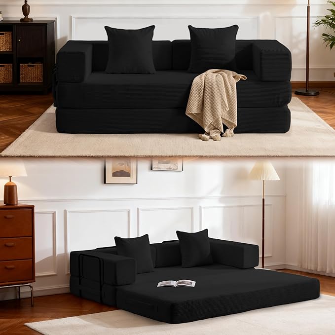 4 in 1 Convertible Sleeper Sofa Bed78’’ Compression Folding Sofa Bed with Pillows &amp Side Pockets Fold Out Floor Couch Boneless Couch for Living Room BedroomBlack