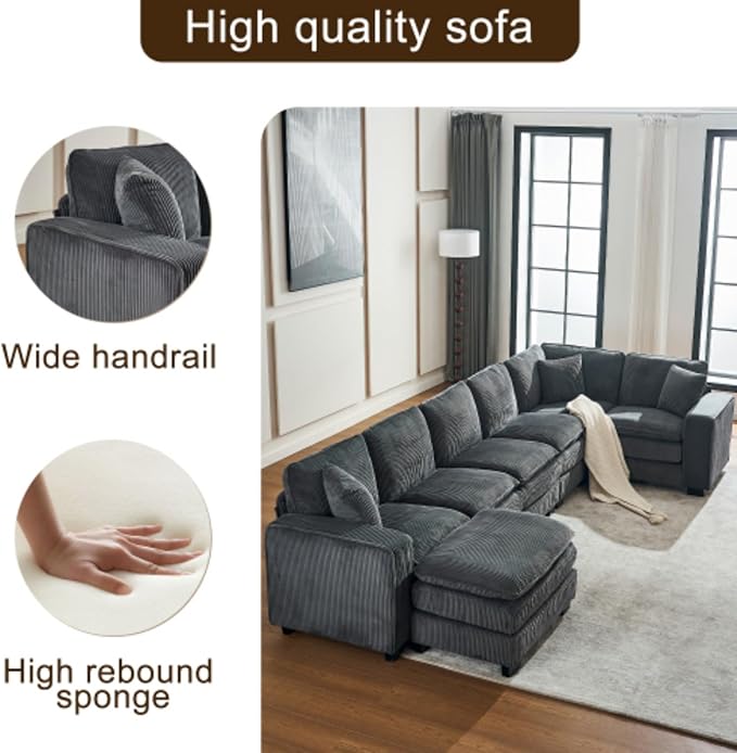 Modern U Shaped 6-seat Sectional Sofa Couch with one Ottoman and Three toss PillowsModular Sofa for Living RoomCorduroy Sofa (GreyCorduroy-7 Seat)
