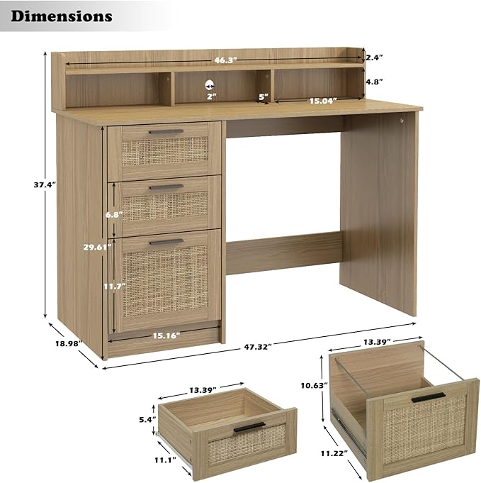 ENSTVER Small Computer Desk with Drawers and Hutch ShelfHome Office Small Desk with Storage File DrawersBoho Rattan Writing Study Desk for Bedroom