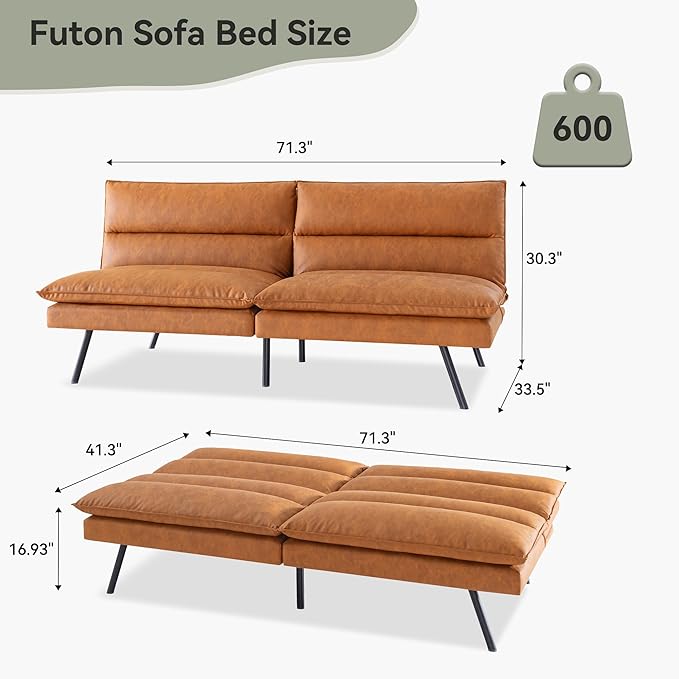 Memory Foam Futon Sofa BedFaux Leather Futon CouchConvertible Armless FutonsSmall Splitback Loveseat Sleeper Sofa Bed for Living RoomOfficeApartmentMedium Brown