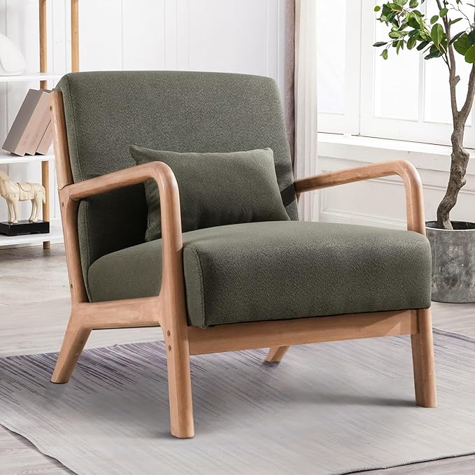 INZOY Mid-Century Modern Accent Chair Set of 2 Green Reading Armchair with Waist Cushion Upholstered Living Room Chairs for Bedroom Sunroom