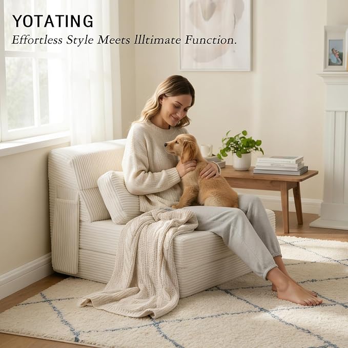 Folding Sofa Bed with Pillow Convertible Sleeper Chair Comfy Floor Futon Couch Mattress Lounge Sofa for Adults Portable Fold Out Chair Bed for Living Room Bedroom Single Beige