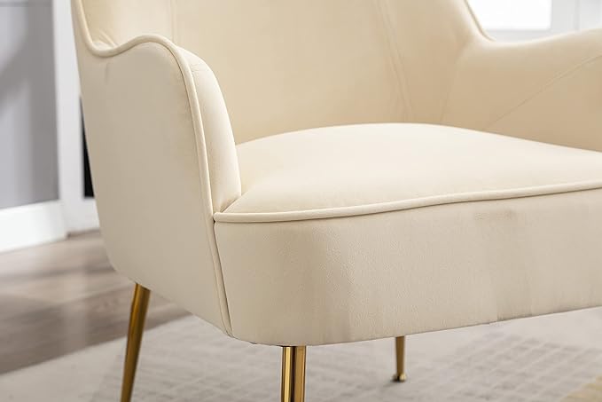 Modern Ergonomics Soft Velvet Fabric Material Accent Chair with Gold Legs and Adjustable Feet Screws for Indoor Home Living RoomCream White