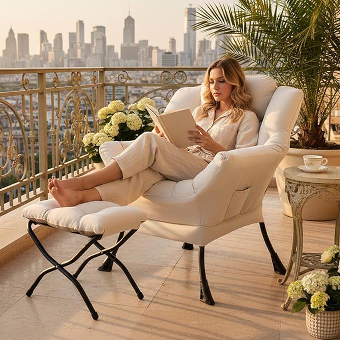 Tiita Lazy Chair with Ottoman Beige Modern Large Accent Chair Comfy Leisure Sofa Armchair with Ottoman Reading Chair with Footrest for Bedroom Living Room Dorm Rooms Velvet Beige