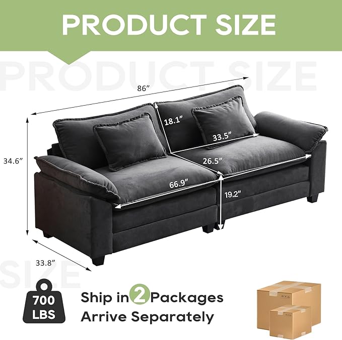 86 Modular Sectional Sofa Comfy Cloud Couch Sectional Sofa with Ottoman Velvet Sofa Sleeper Deep Seat Sofa with Throw Pillows for Living Room (Blue Gray 86- Loveseat)