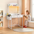 KATHY&ampBOB Small Home Office Study Desk - Freestanding Arched Design with Fabric Drawers &amp Side Bag - Modern Vanity Makeup Desk - Open Shelf &amp Computer Gaming Station (White)