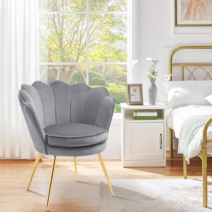 Accent Chairs Set of 2 for Living Room Velvet Upholstered Makeup Room Vanity Chair with Back Golden Metal Legs Small Accent Side Chair for Bedroom Cloud Chair Set 2 Pcs Light Grey