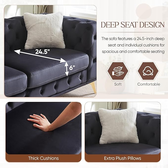 Mid Century Modern Couch82W Luxury Upholstered Velvet Oversized Loveseat Couch with Button Tufted &amp Gold Legs Deep Seat Comfy Chesterfield Sofa for Living Room Bedroom Office(3 Seater Black)