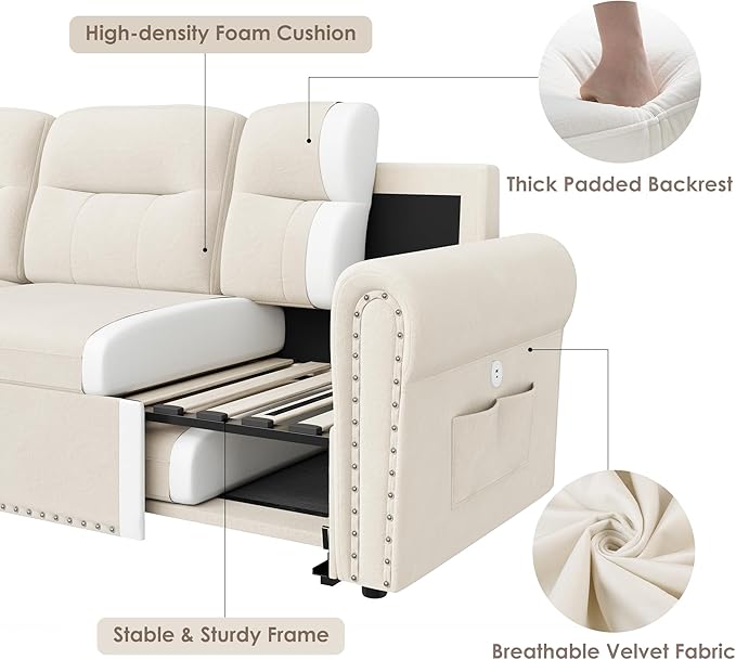 Sleeper Sofa Bed 87'' Pull Out Couch Bed with Reversible Storage Chaise &amp Nailhead Armrest Sectional Couches for Living Room Side Pocket &amp Charging Station Removable Backrest Velvet Fabri