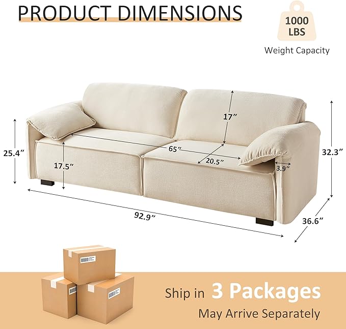 VANOMi 94.5 Sofa Couch for Living Room Modern Comfy 3-Seater Sofas Chenille Small Couches for Small Spaces Upholstered Deep Seat Couch for Bedroom Apartment (Beige)