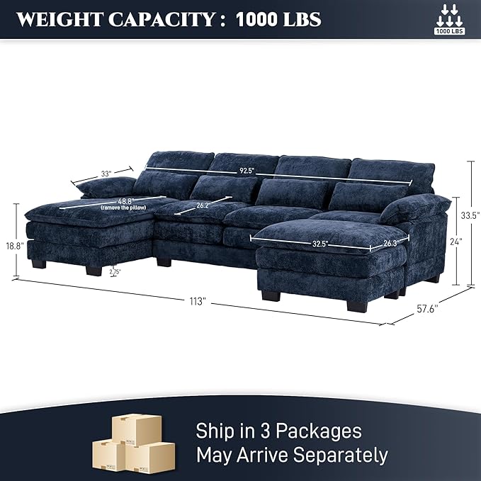OUYESSIR 114 U Shape Sectional Cloud Couch with OttomanFluffy Sectional Couches for Living Room4 Seater Modular Sectionals SofaComfy Cloud Sofas &amp Couches with 4 PillowsNavy Blue