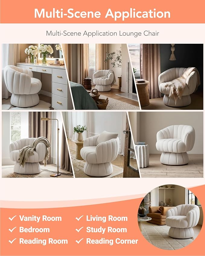 Vanity 360-Degree Swivel Accent Chair - Mid Century Modern Plush Round Makeup Chair Relaxing Comfy Lounge Sofa Arm Chairs Idear for Living Room Bedroom (Beige Velvet Fabric)