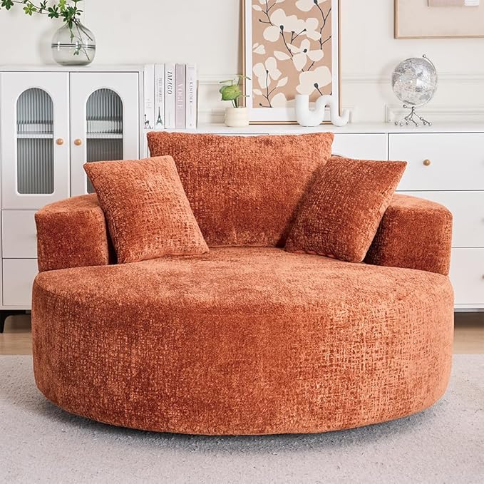 KEIKI Oversized 360 Degree Swivel Chair Large Barrel Chairs Upholstered Round Swivel Chair Chenille Single Sofa Armchair Sleeper Chair for Living Room Lounge Orange