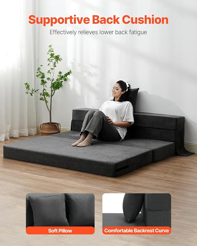 VEVOR Folding Sofa Bed 3-in-1 Foldable Couch Bed with 2 Pillows and Washable Cover 25D High Density Memory Foam Convertible Sleeper Chair Bed Futon Couch for Living Room Bedroom Dark Grey(Queen)