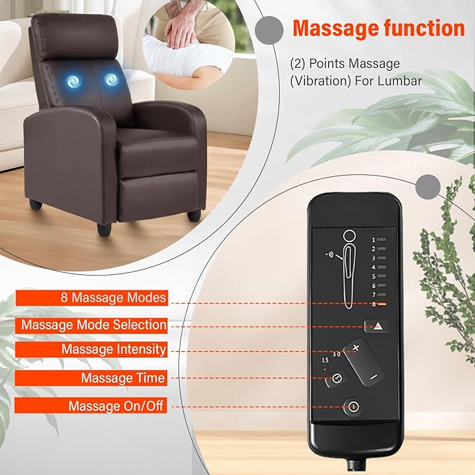 Recliner Chair PU Leather Massage Single Sofa Home Theater Seating Breathable Padded Reading Sofa with Footrest for Bedroom Living RoomBrown