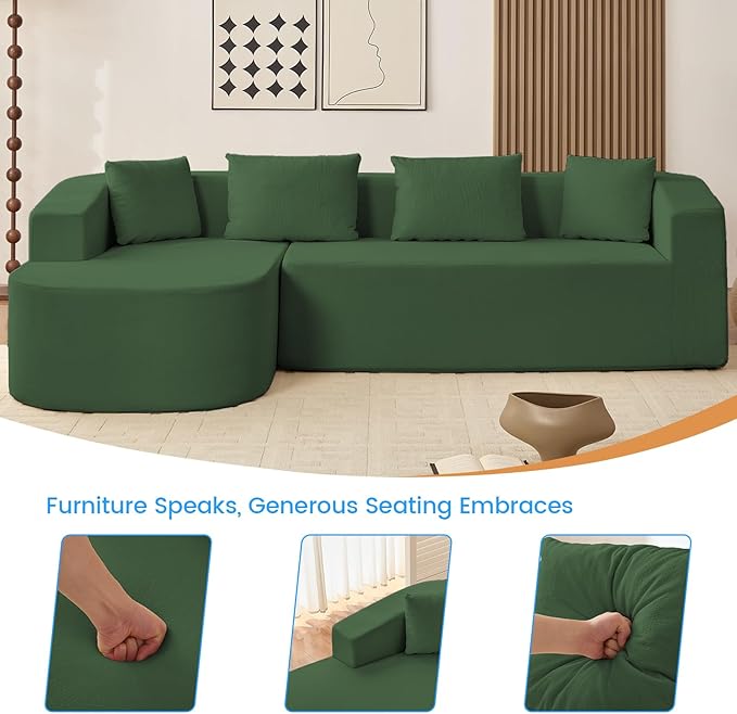 PUREMIND 98 L Shaped Sectional Couches for Living Room Boneless Comfy Modern Sofa Cloud Sectional Modern Sleeper Couch with Chaise for Bedroom Apartment No Assembly Required (Green)
