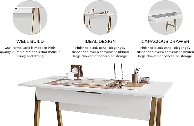 Modern Design Parma Small Desk for Bedroom White Writing Desk 42 Inch with Drawer by Crafts and Comfort