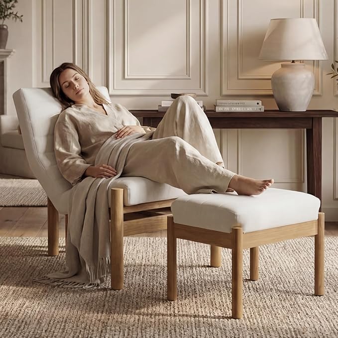 Upholstered Linen Accent Chair and Ottoman Set Modern Living Room Chair with Reclining Backrest and Footstool Small Reading Chairs for Living Room Bedroom Beige