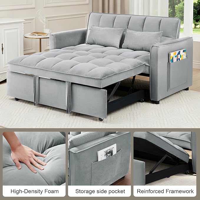 3-in-1 Convertible Sofa Bed 55'' Pull Out Couch Bed with Adjustable Backrest Velvet Fabric Sleeper Loveseat Sofa with Side Pocket Perfect for Living Room Easy Assembly(Light Gray)